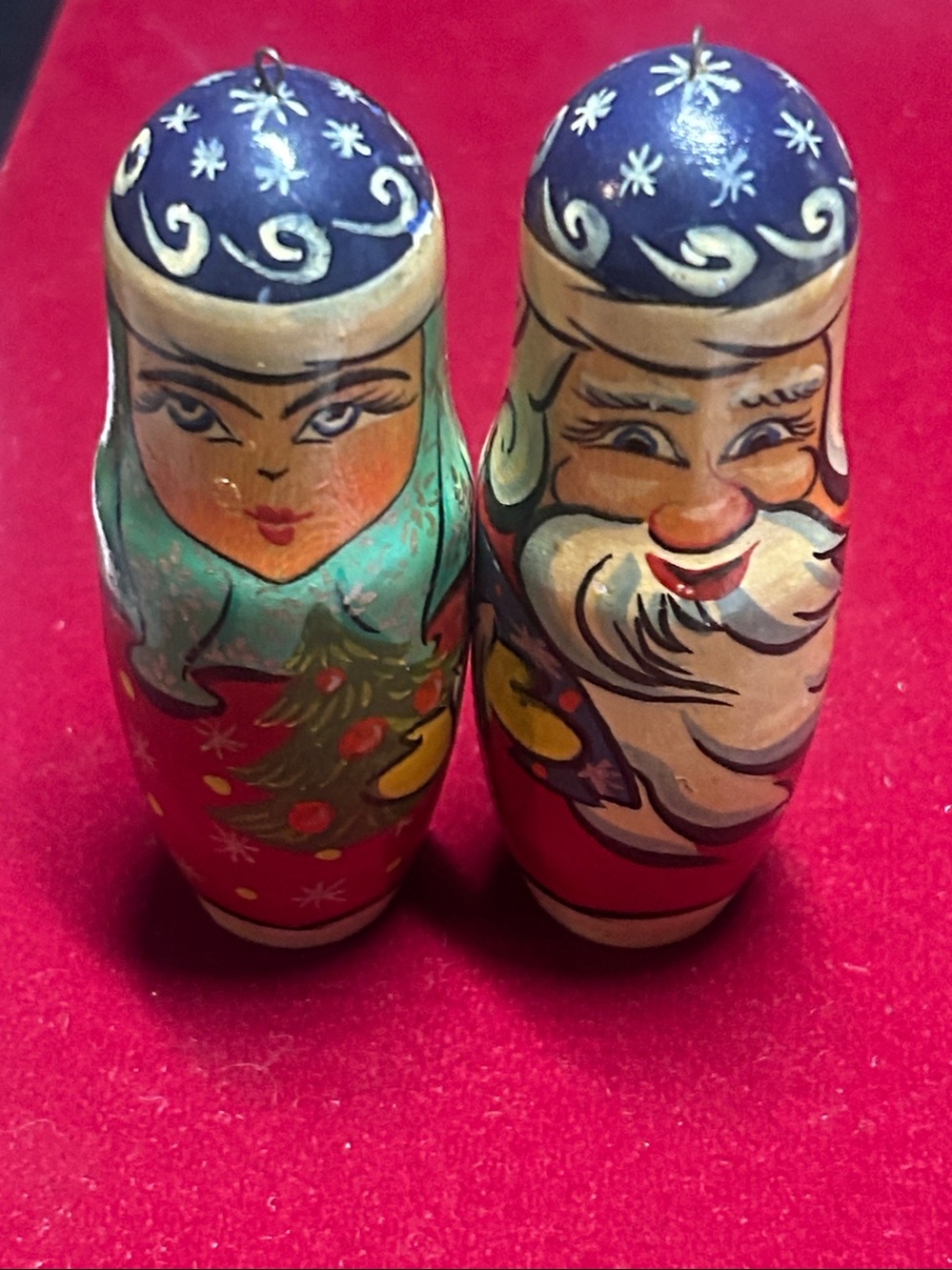 Hand-Painted Red and Green Matryoshka-Style Holiday Figurines